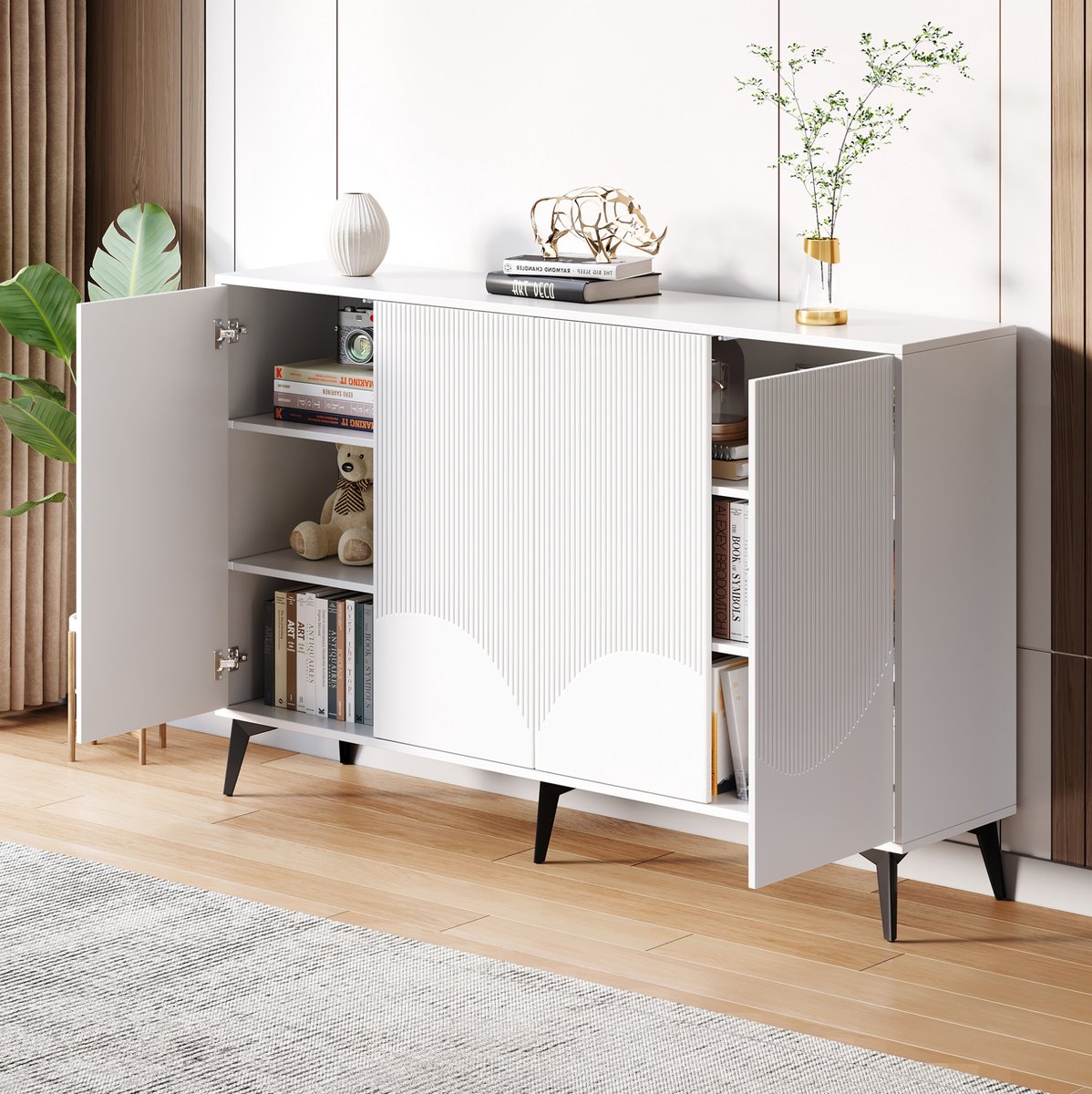 DESMIU Dressoir - Multifunctionele Opbergkast Met Verstelbare Planken - 4 Deuren Voor Woonkamer En Eetkamer - Spaanplaat En Metaal - 160x35x100 Cm - Wit