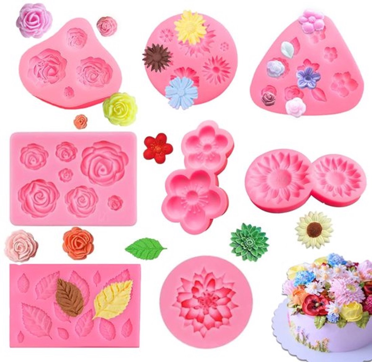 Siliconen Vormen 8 Stuks - 3D Bloemen - Fondant/Snoep - Chocolade/Gipsdecoraties - Hittebestendig - Voedselveilig Materiaal - Bakvorm