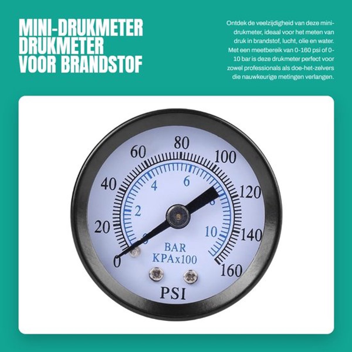 Drukmeter Mini 40mm - 1/8" NPT - Dubbele schaal bar/psi - Metalen behuizing - Handig formaat - Duidelijke nummermarkeringen - Manometer