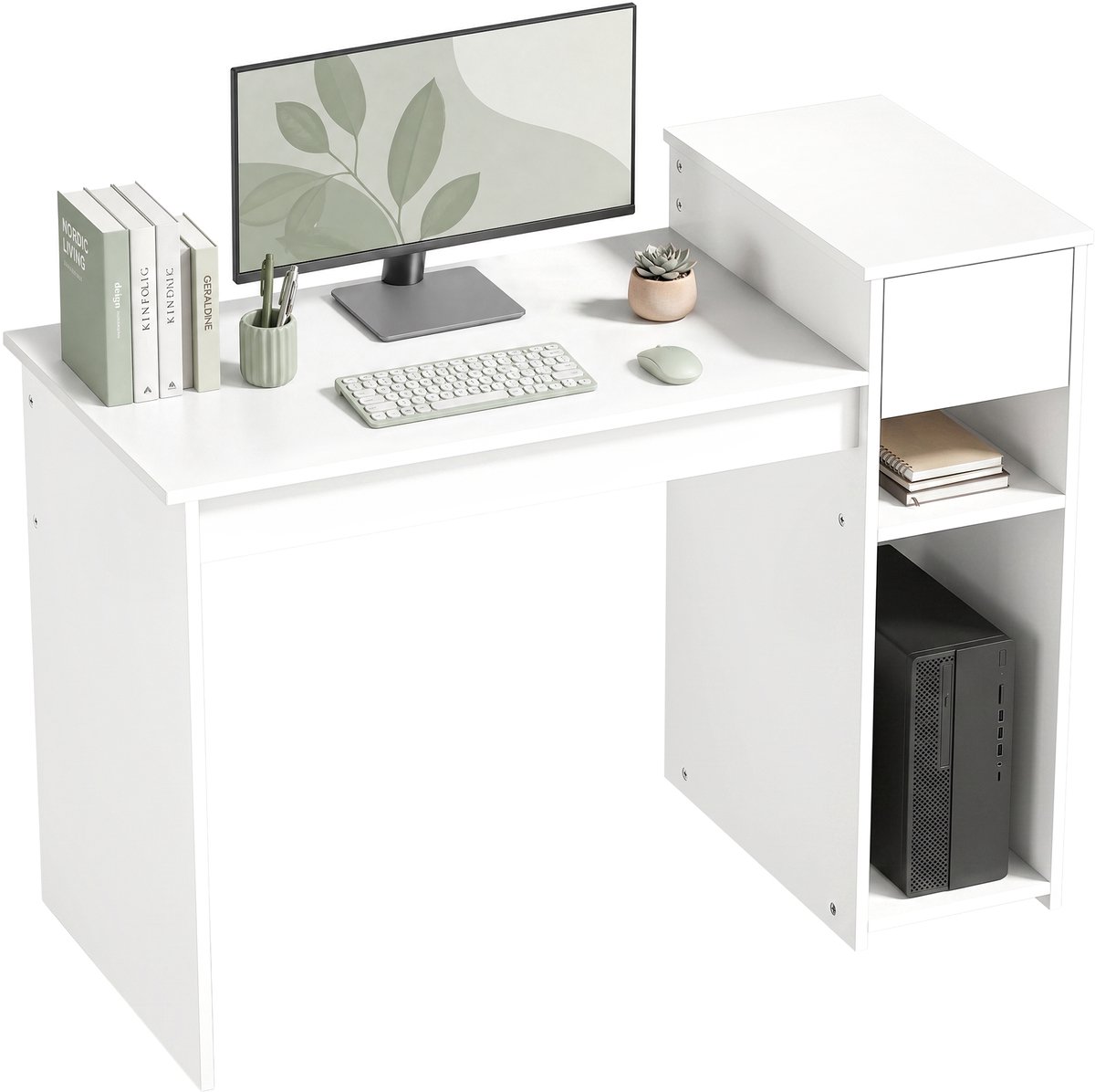 ECTEATOY® Bureau -Computerbureau met lade en plank - computerbureau met CPU-houder - 108 x 50 x 82 cm - wit