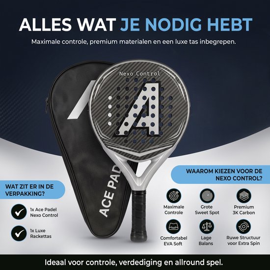 Zwarte padelracket met zilverkleurig frame en de witte letter A, naast een zwarte hoes met een witte A. Tekst: ALLES WAT JE NODIG HEBT. Inclusief luxe tas.