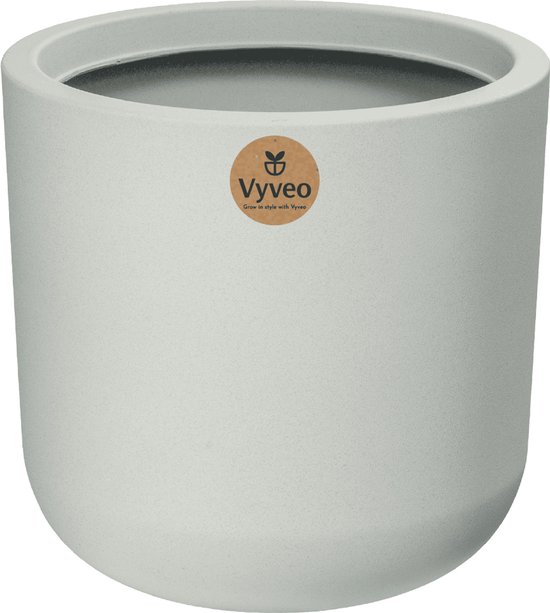 Vyveo bloempot Orena in lichtgrijs, met een logo.