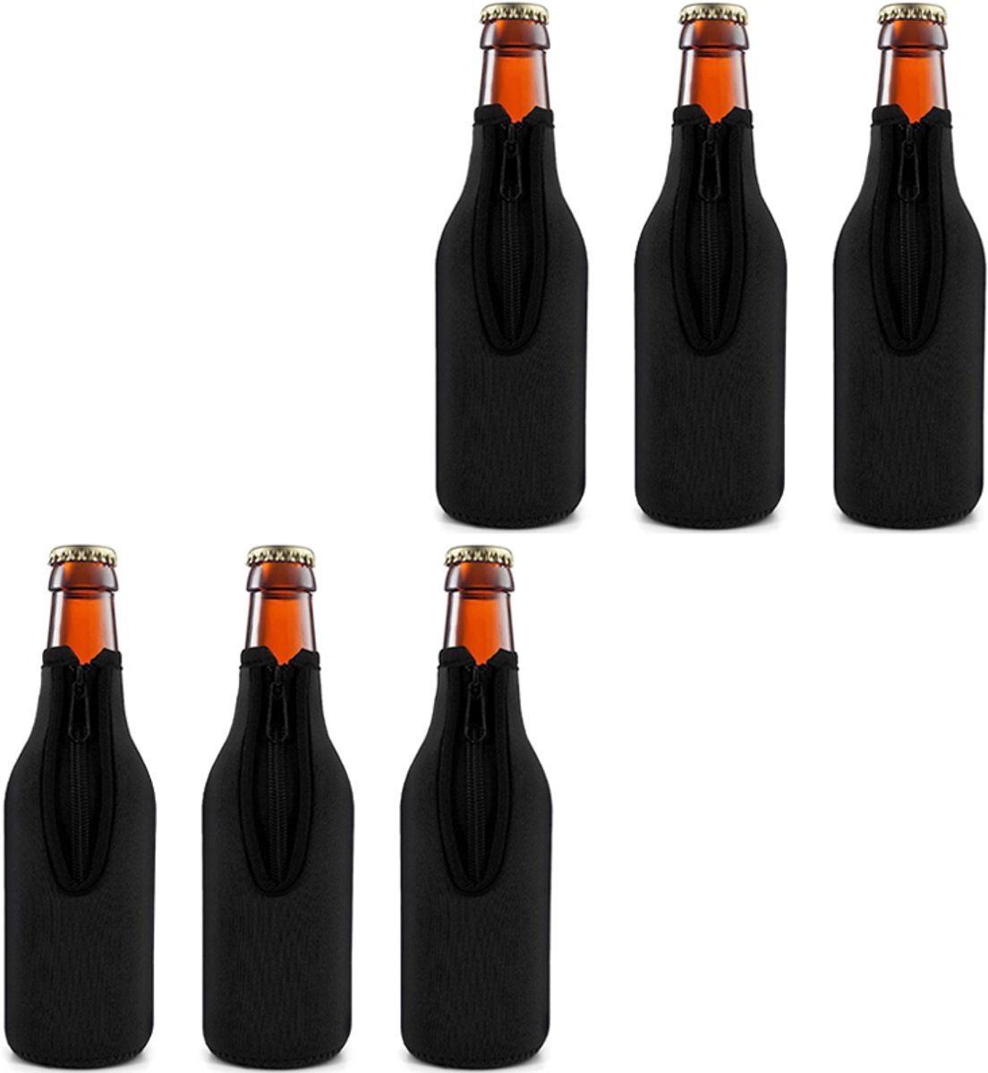 6-delige set - Bierfleshoes - Geïsoleerde fleshoes met ritssluiting - Fleshoes met lange hals - Houdt drankjes koud - 300 ml - Geschikt voor feestjes, caravans, kamperen, strand, cadeaus en diverse evenementen - 20*6 cm - Zwart