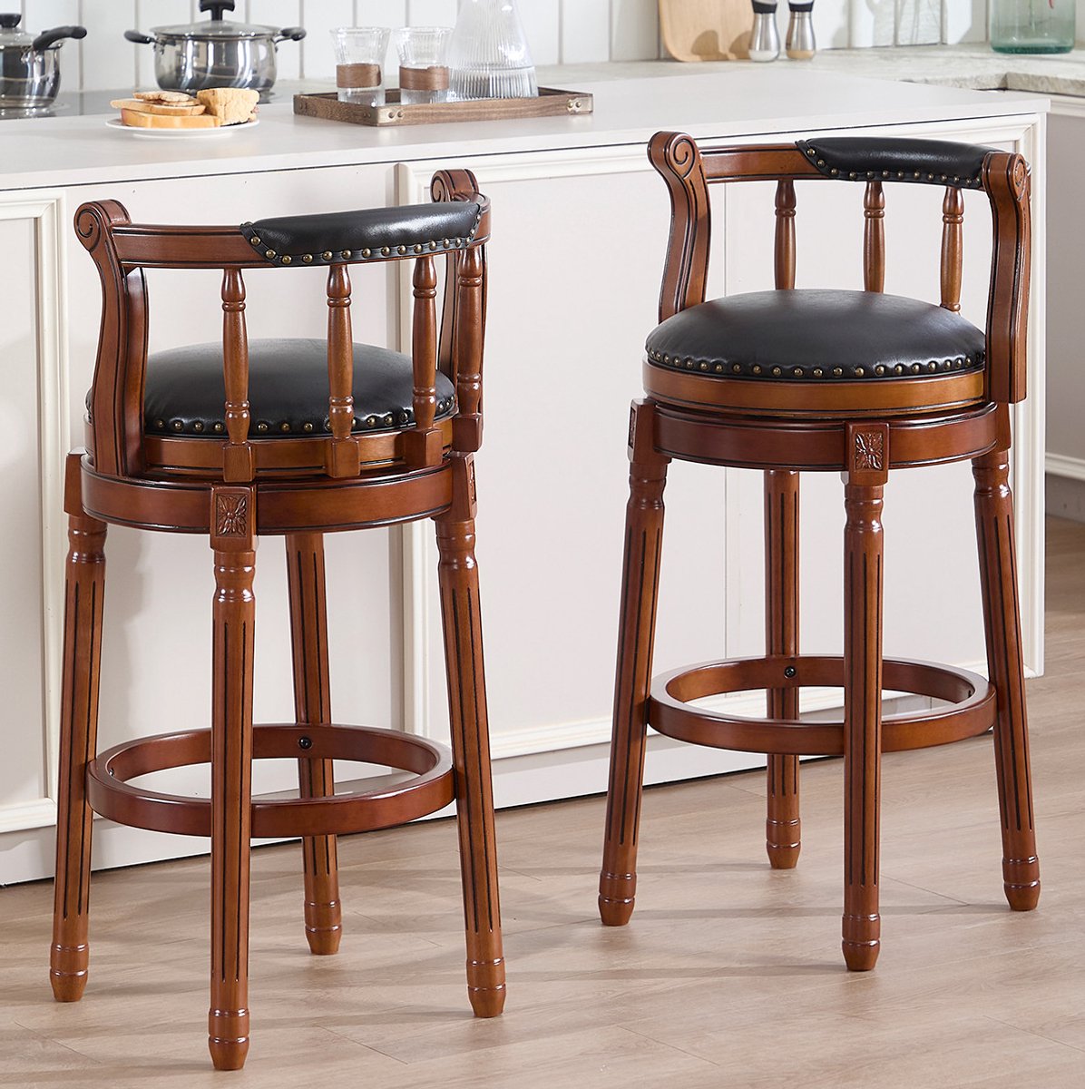 MEUNIQ barkruk set van 2, draaibaar 360°, met rugleuning, leren zitting en houten frame, barhoogte, zwart