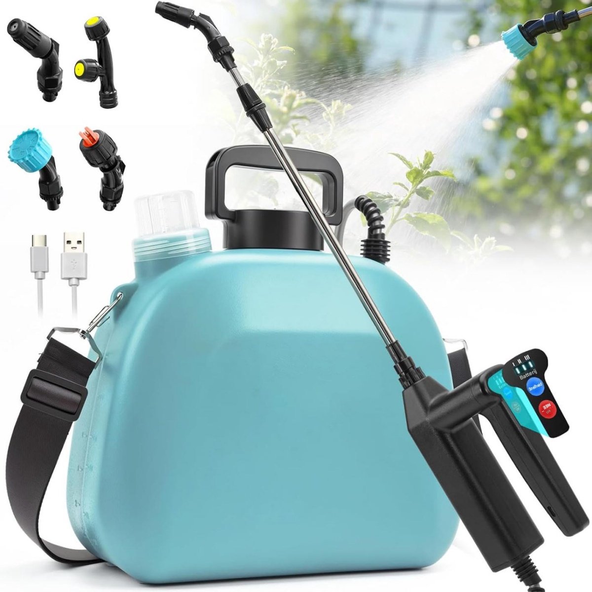 GELLDG Accu-drukspuit – 8 l – Voorzien van 3 sproeisnelheden & 4 verstelbare sproeikoppen – Uitgerust met krachtige 7,4V-motor & telescopische lans van 60 cm – Geschikt voor het besproeien van de tuin & onkruidbestrijding – Blauw