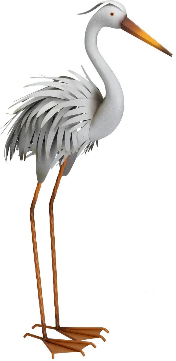 Pro Garden tuin decoratie dier / vogel beeld - Metaal - Reiger - 78 cm - buiten - lichtgrijs