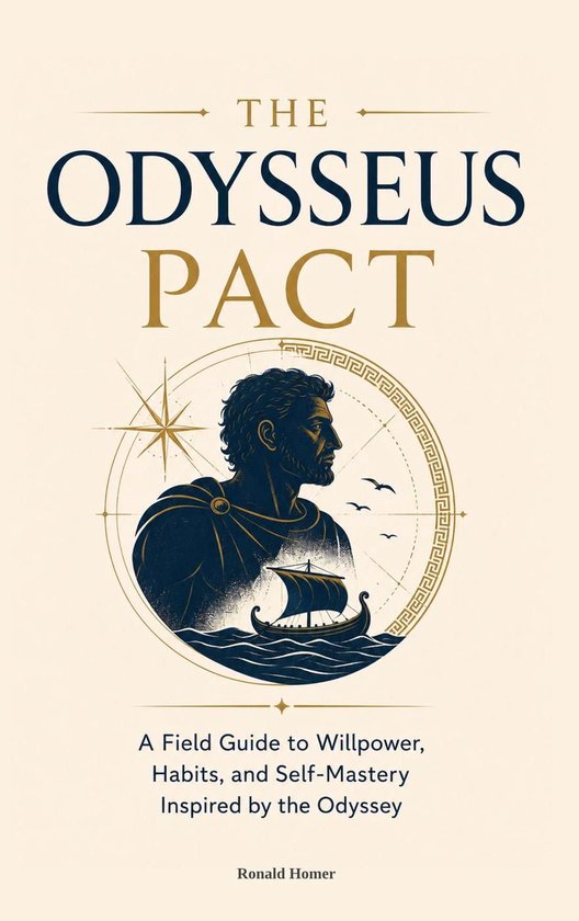 Boekomslag: 'The Odysseus Pact' met een illustratie van Odysseus op een schip en de tekst over wilskracht door Ronald Homer.