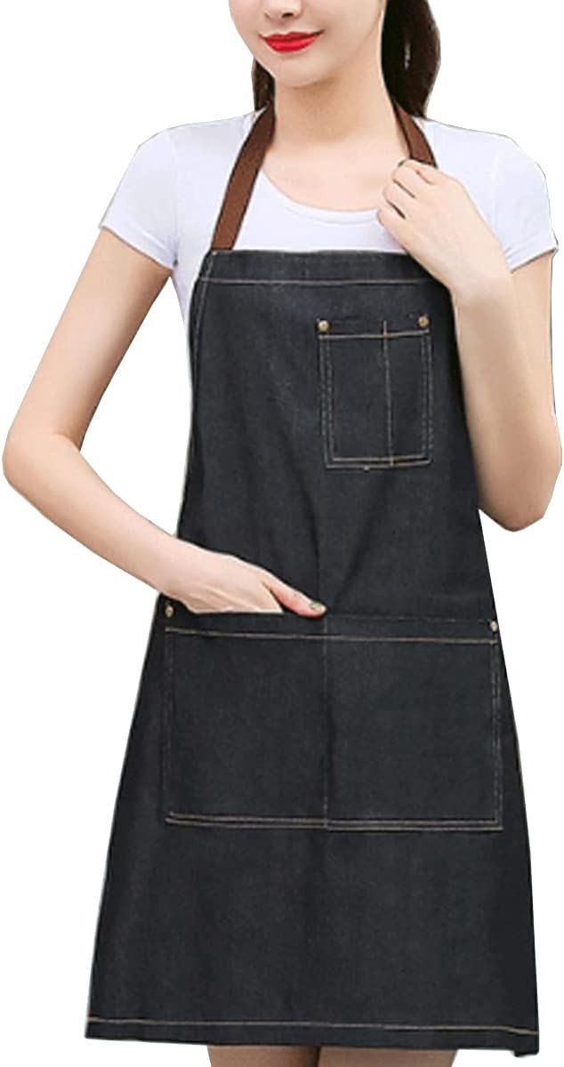 Verstelbare denim schort met 3 zakken, unisex keuken schort voor koken, barbecue en bakken