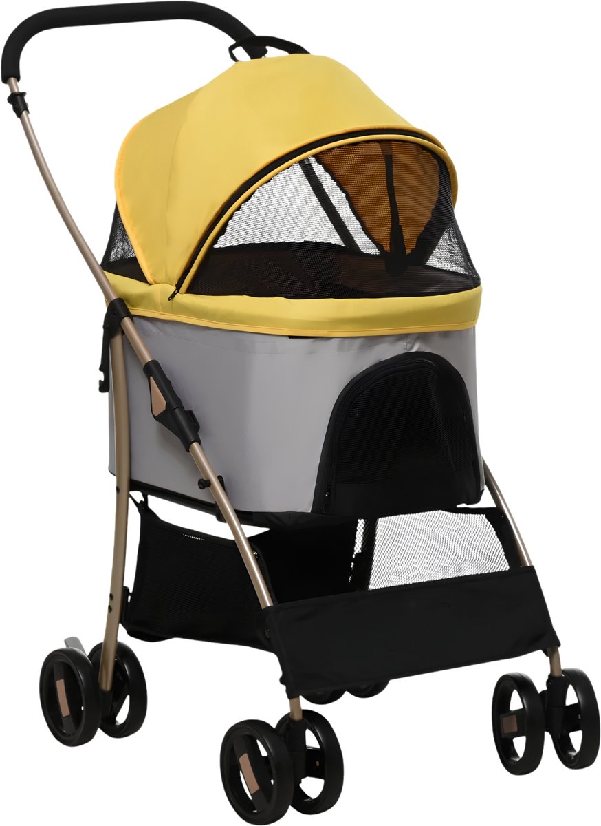 2-in-1 Hondenbuggy & Draagtas – Opvouwbare Hondenwagen met Kussen – Geel