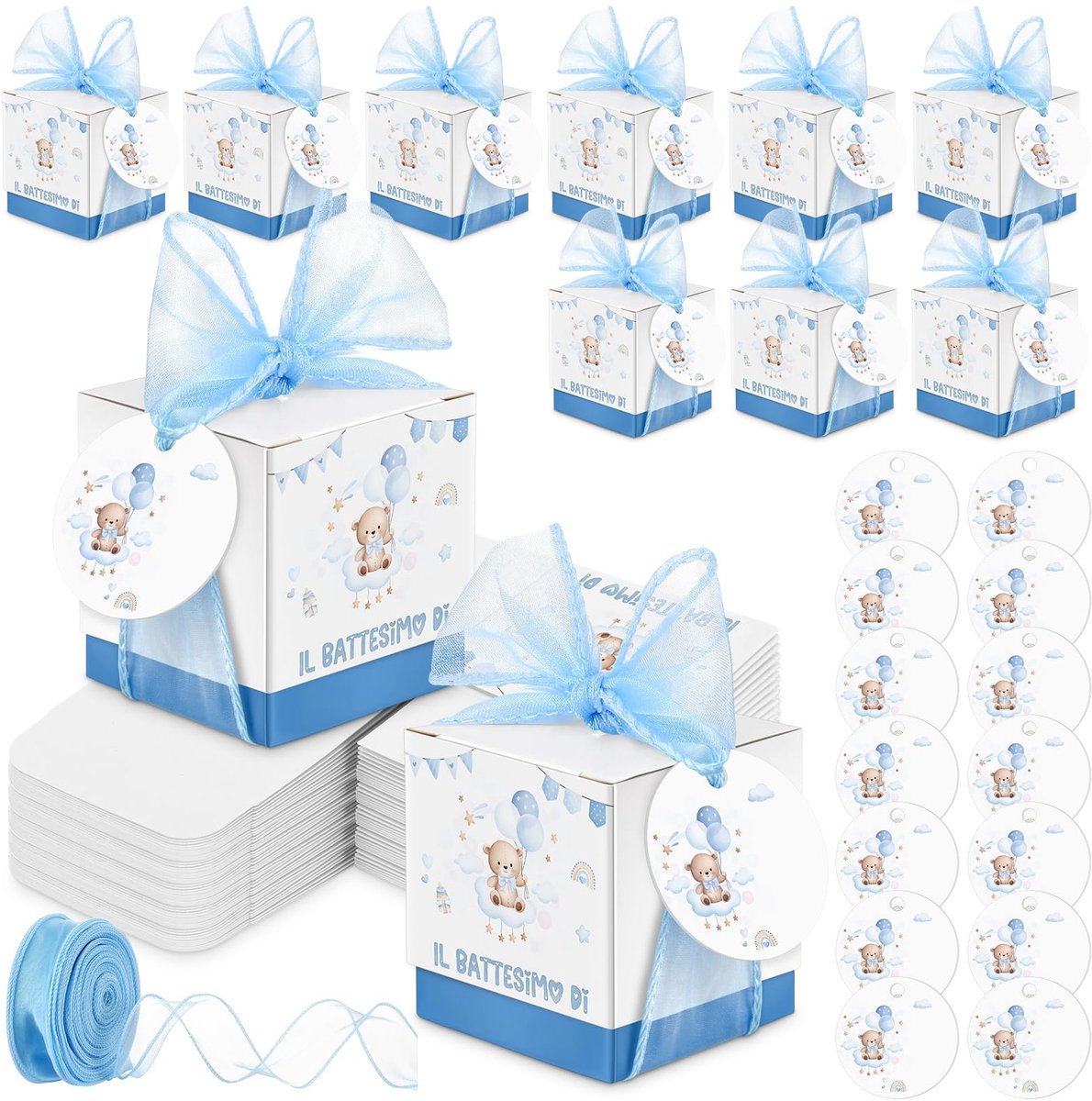 SnelShoppen - 50 Stuks Doopcadeauverpakkingen Set met Aanpasbare Naamkaartjes en Cadeaulint, Teddybeer- en Regenboogthema, Lichtblauw voor Feestjes en