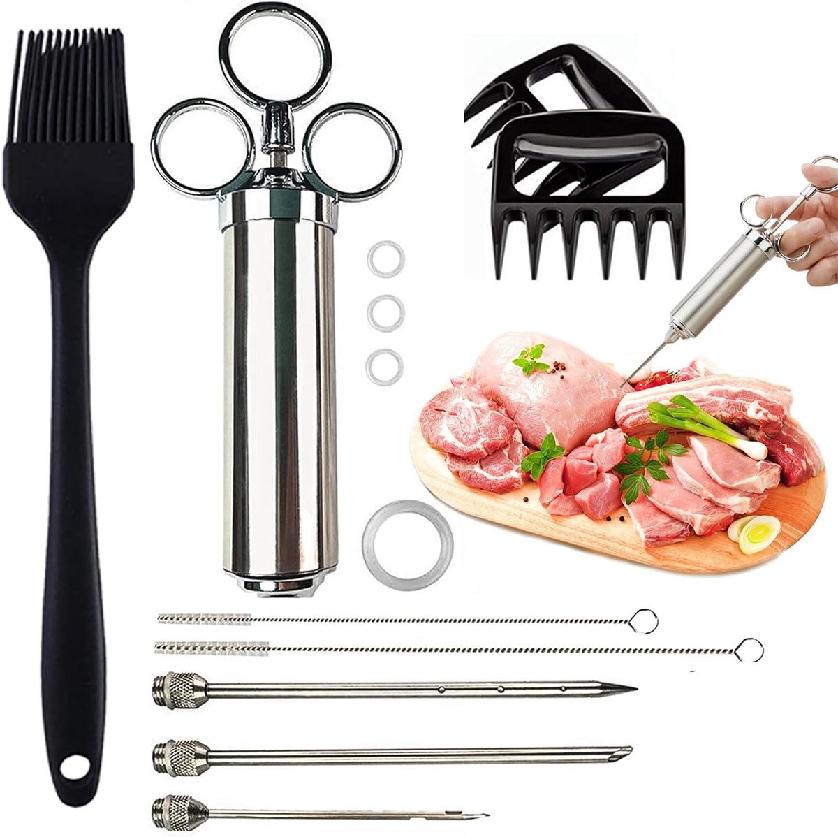 Vleesinjector 60 ml van Roestvrij Staal met 3 Naalden voor Marineren, BBQ en Vleesbereiding, Vaatwasserbestendig en Eenvoudig te Reinigen
