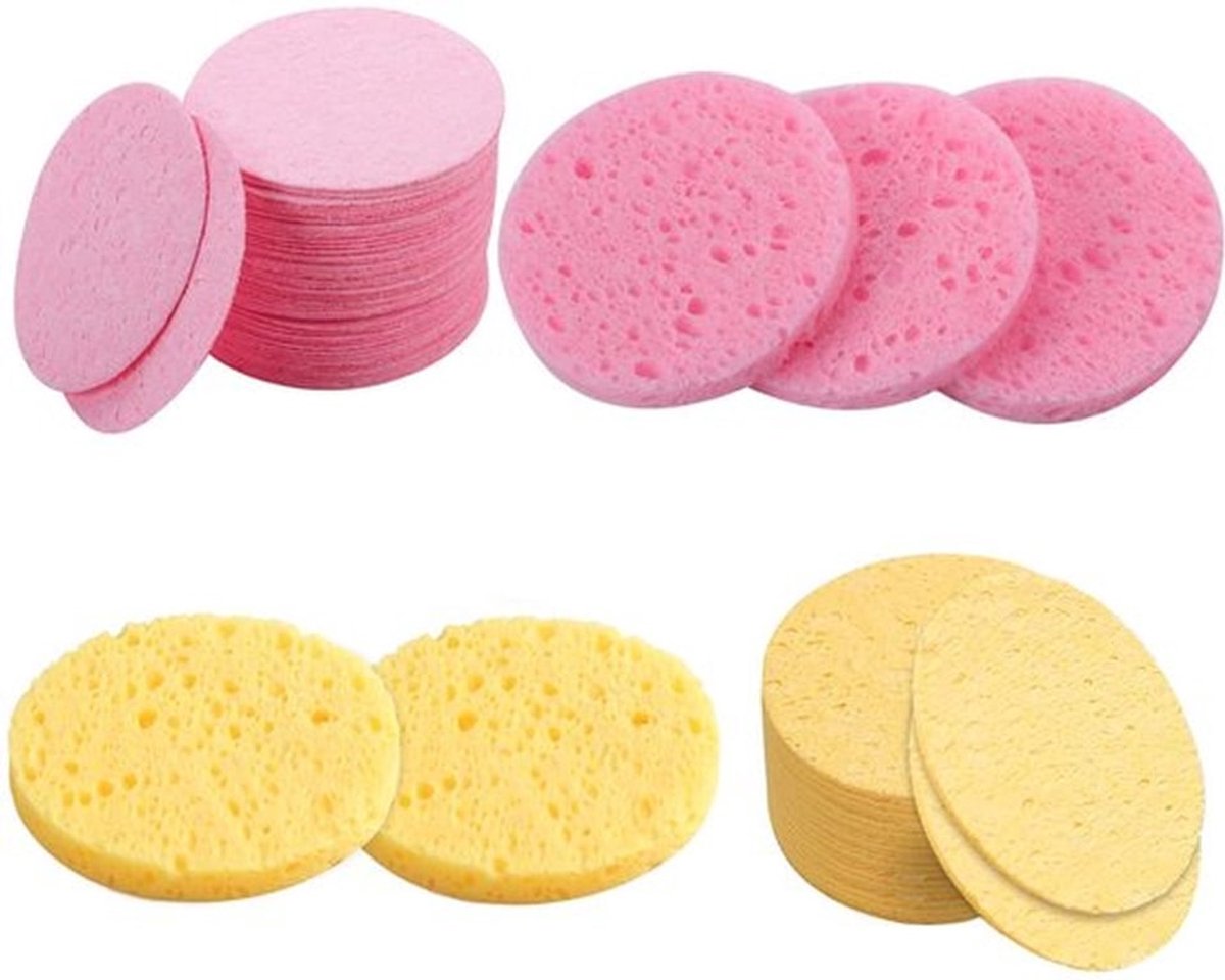 Gezichtssponzen 60 Stuks - Herbruikbare Make-Up Remover Spons - Natuurlijke Houtpulpspons - Roze/Geel - 60 mm Diameter - Effectieve Gezichtsreiniging