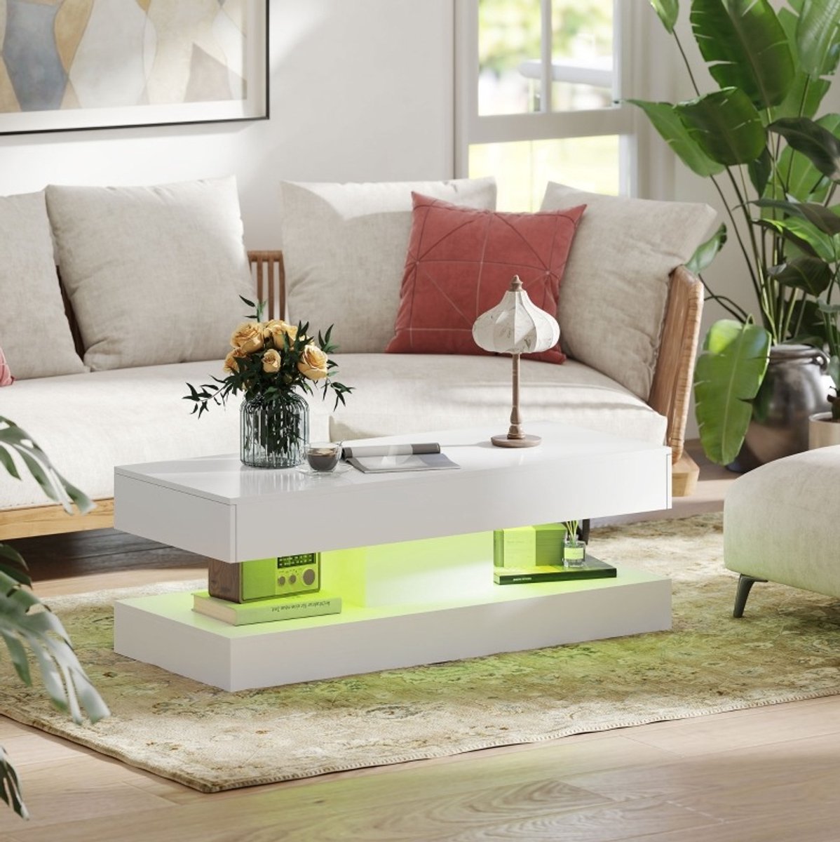 OKWISH Salontafel - 2 Lades - Met Ledverlichting En Open Opbergvak - Moderne Woonkamer Tafel - Hoogglans Wit Spaanplaat - 120 x 50 x 42 cm
