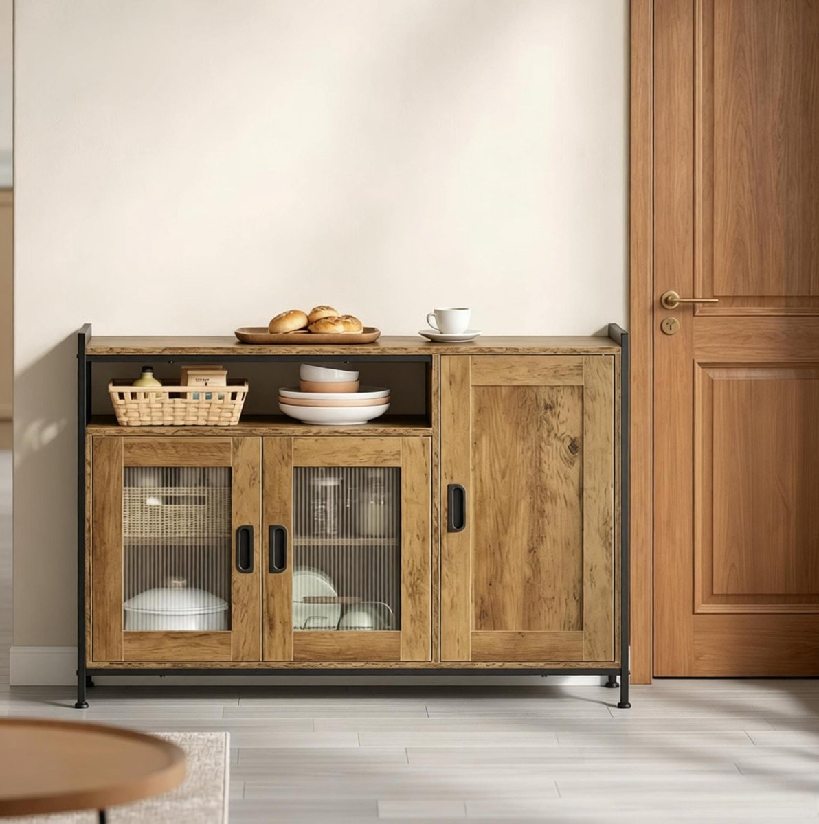 DESMIU Keukenkast - Industrieel Sideboard Met Open Vak En Verstelbare Planken - Opbergkast Voor Keuken Of Woonkamer - Bruin Metaal - 110x33x75 Cm