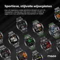 Twaalf smartwatches met diverse sportieve wijzerplaten in metaal en met groen bandje. Toont 'Sportieve, stijlvolle wijzerplaten'.