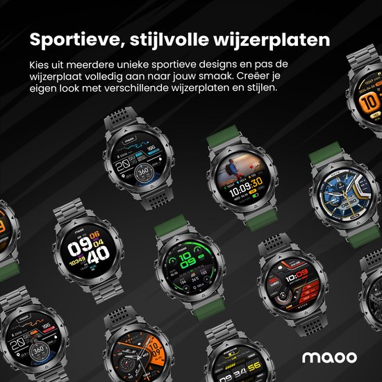 Twaalf smartwatches met diverse sportieve wijzerplaten in metaal en met groen bandje. Toont 'Sportieve, stijlvolle wijzerplaten'.
