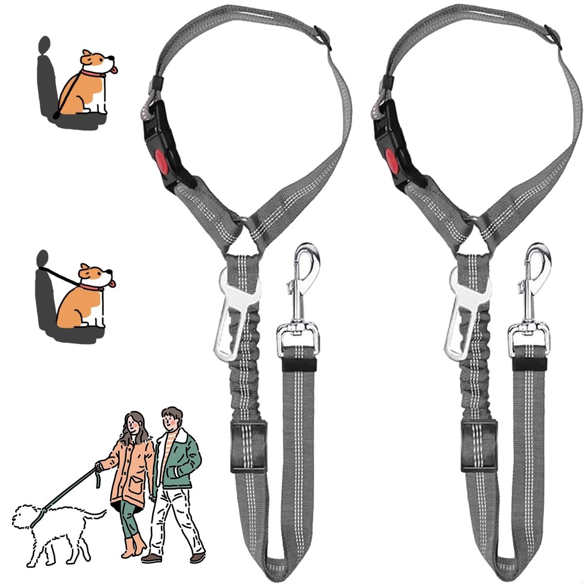 Verstelbare Hondenautogordel Set van 2 - Veilige en Schokbestendige Harnas met Gevoerde Leash voor Honden in de Auto (Grijs)