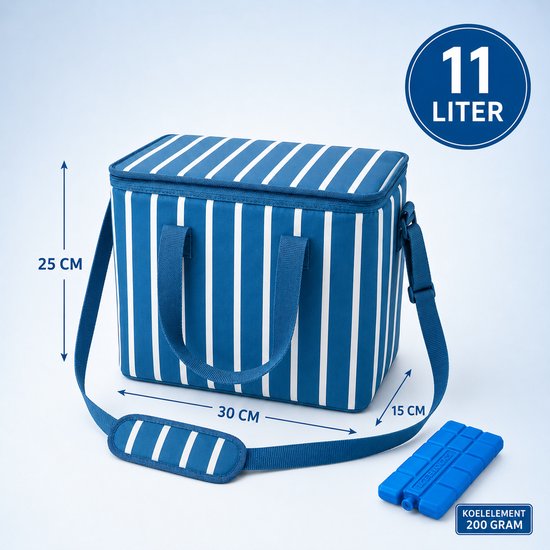Benza – Compacte Koeltas 11 Liter met Koelelement 200 g – 30 × 15 × 25 cm – Met Handvatten en Schouderriem – Blauw & Wit van Benza — afbeelding 3