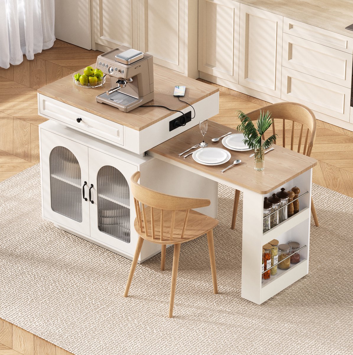MEUNIQ uitschuifbare eettafel 128-200 x 71 x 92 cm met LED-verlichting, USB/Type-C, opbergruimte, lade, glazen kastdeuren en rollen voor keuken of eetkamer, wit