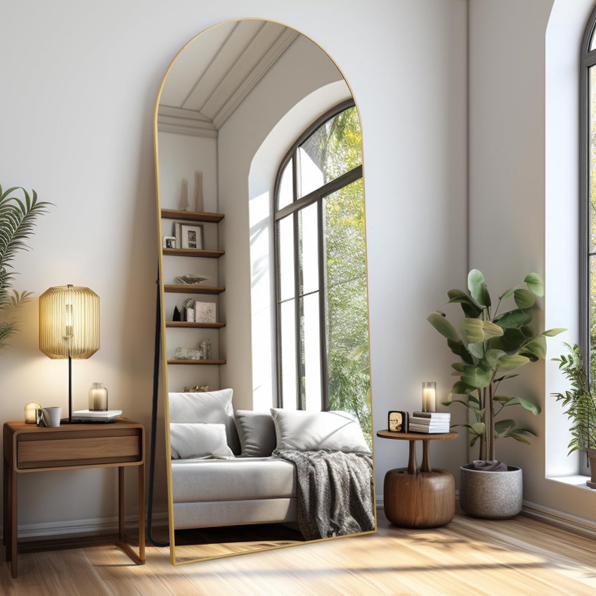 SnelShoppen - LunaMirror Gebogen Staande Vloerspiegel 179 x 65 cm | Volledige Lichaamsspiegel voor Slaapkamer, Woonkamer, Hal, Goudkleurig, Wandspiege