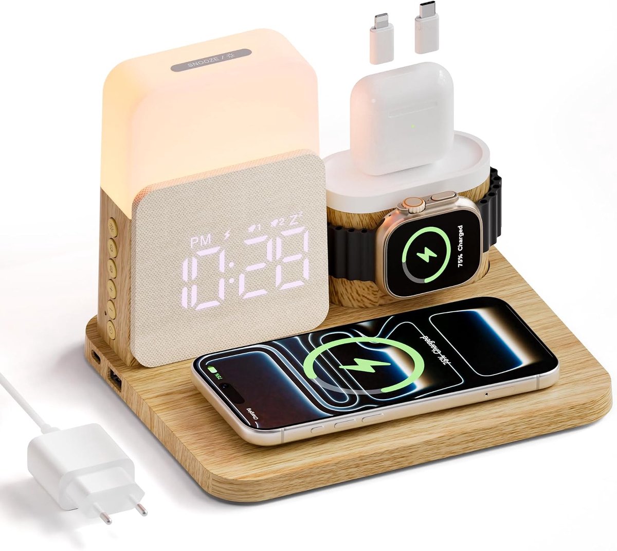 Draadloos Laadstation 5-in-1 - 15W Oplader met Wekker - Nachtlamp en Adapter - Ruimtebesparend voor Slaapkamer - SnelShoppen