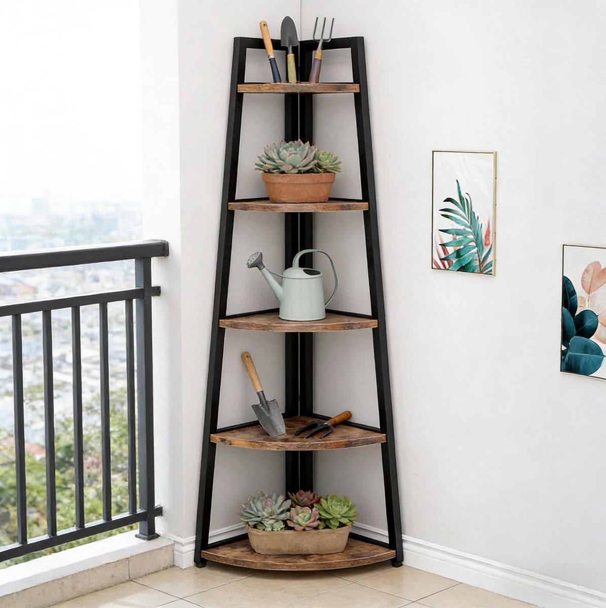 HAUSS SPOLE Boekenkast – 66 x 25 x 178 cm – 5 Niveaus Hoekontwerp – Metaal En Hout – Zwart En Rustiek Bruin – Open Opbergruimte