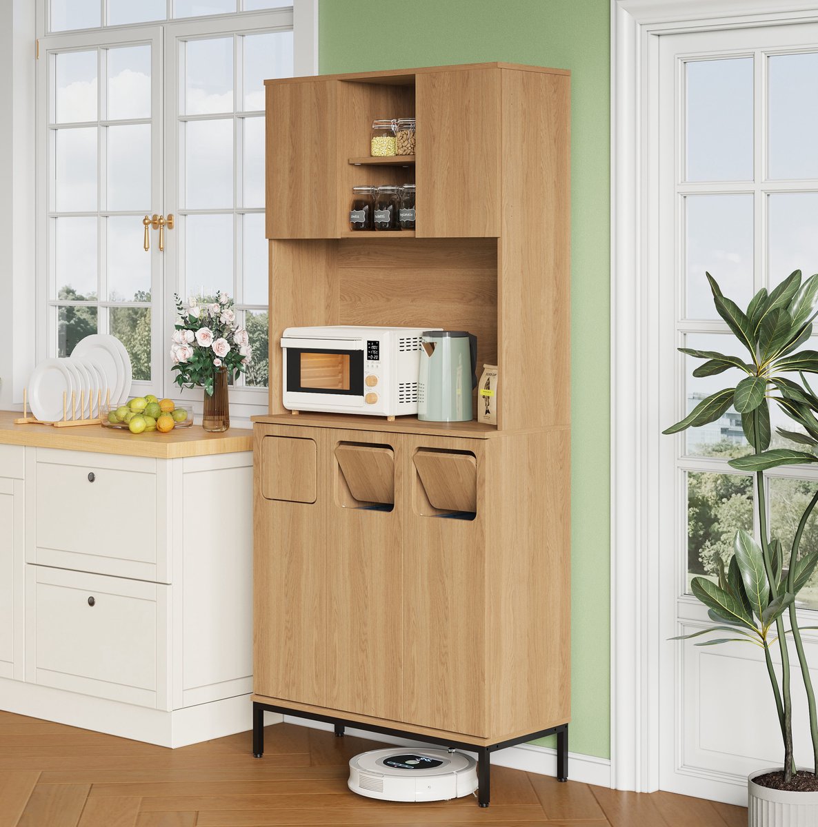DESMIU Keukenkast - Afvalscheidingskast Met 3 Vakken En Magnetische Deuren - Voor Keuken Met Magnetronplank - MDF - 80x35x181 Cm - Natuurlijk