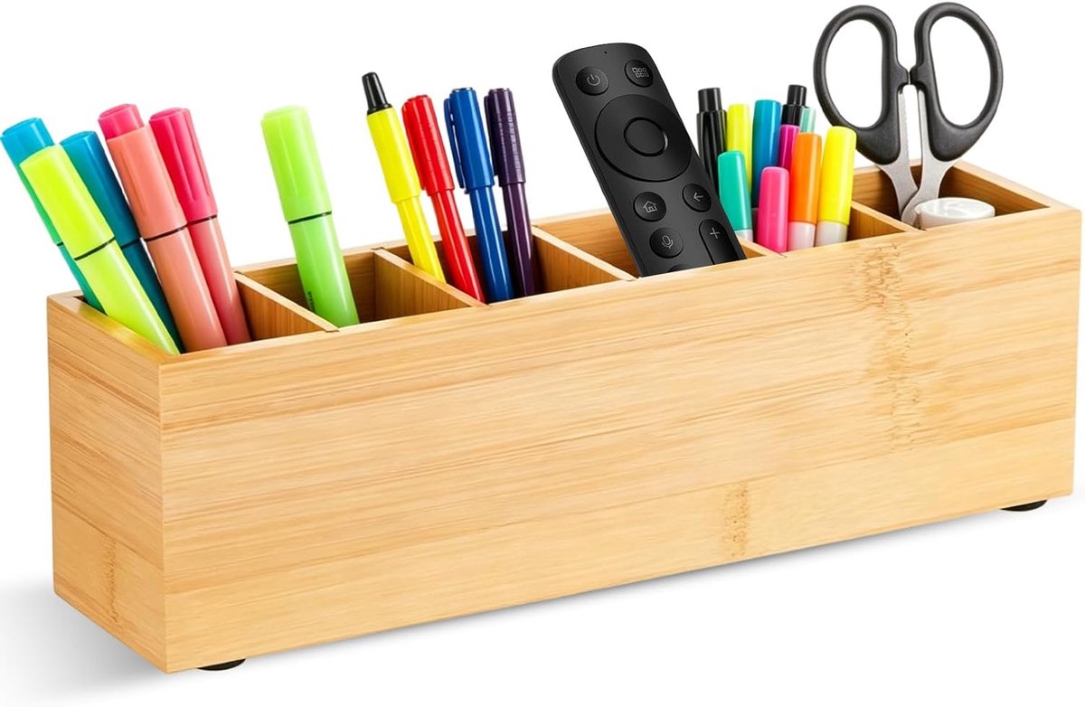SnelShoppen - Houten Pennenhouder voor Kinderen, Bureau Organizer met 6 Vakken, 35 x 11,5 x 9 cm, Duurzame Kleurpotlodenhouder van Massief Hout voor T