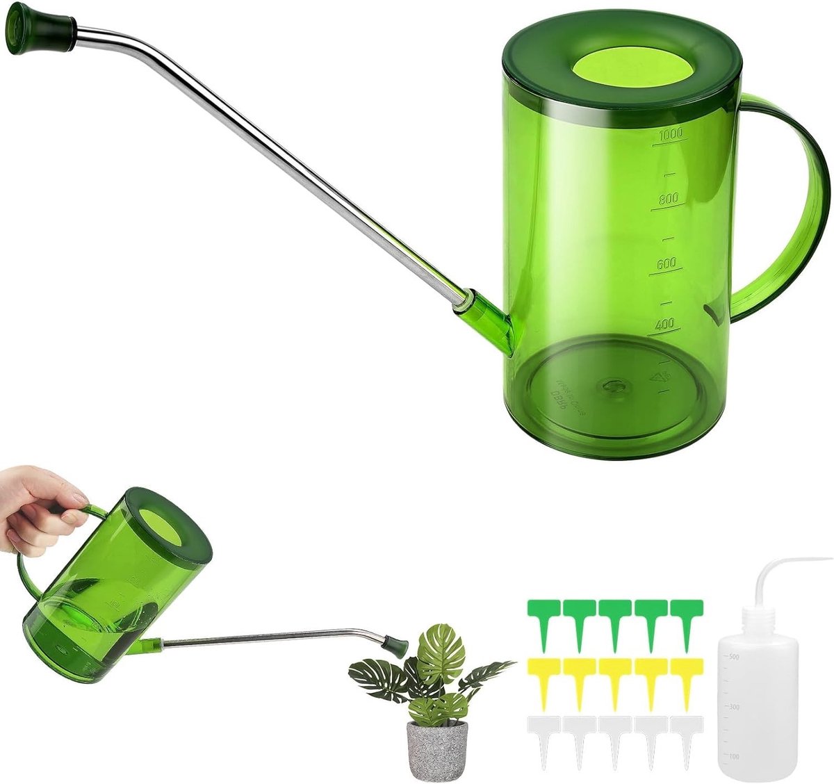 Praktische gieter voor binnenplanten met lange hals en spuitfunctie - 1 liter, ideaal voor bloemen en vetplanten
