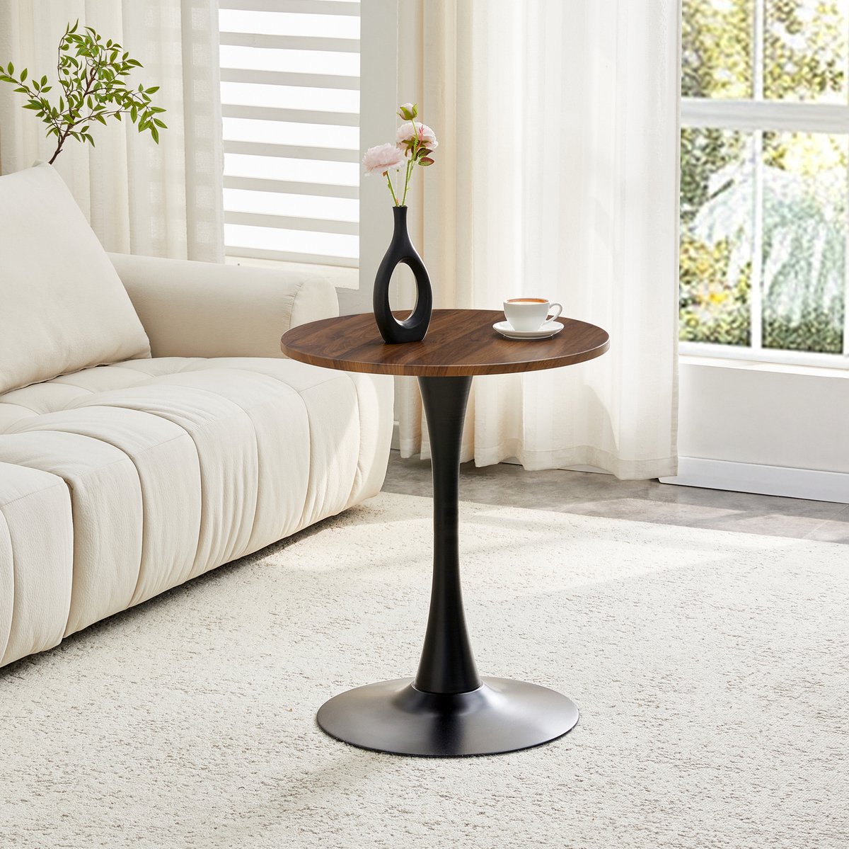 MEUNIQ ronde bijzettafel 60 cm, MDF tafelblad in walnootlook, zwarte metalen voet, 72 cm hoog, vaste tafel voor woonkamer en eethoek Black