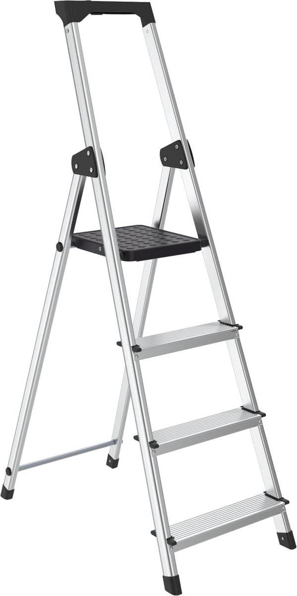 Huishoudtrap 4 Treden - Keuken trap - Veilig werken - Inklapbaar aluminium - 150 kg capaciteit - Zilver zwart