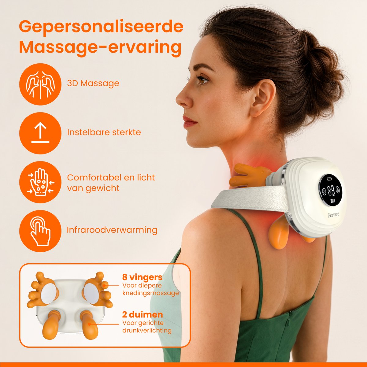 Fervere Premium 4D Nekmassage Apparaat - Bionische Massagehanden met Warmte - Draadloze Shiatsu Massager - LED Display - Voor Nek, Schouders, Rug, Armen & Benen - Beige thumbnail 2
