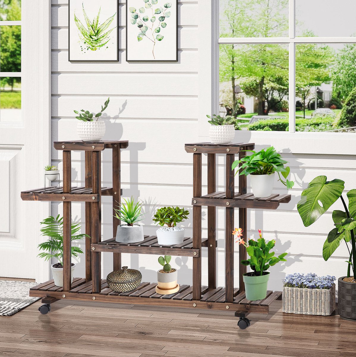 Plantenrek Met Wielen 123,5 X 33 X 80 Cm Massief Hout Donkerbruin Open Opslag Voor Binnen En Buiten Met 6 Legplanken