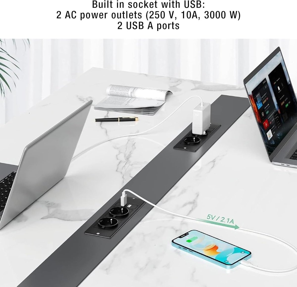 SnelShoppen - Inbouw Stekkerdoos met 2 USB Poorten en 2 AC Aansluitingen, 10A, 1,5m Kabel, Flat Plug Power Strip voor Conferentie, Kantoor en Thuisgeb