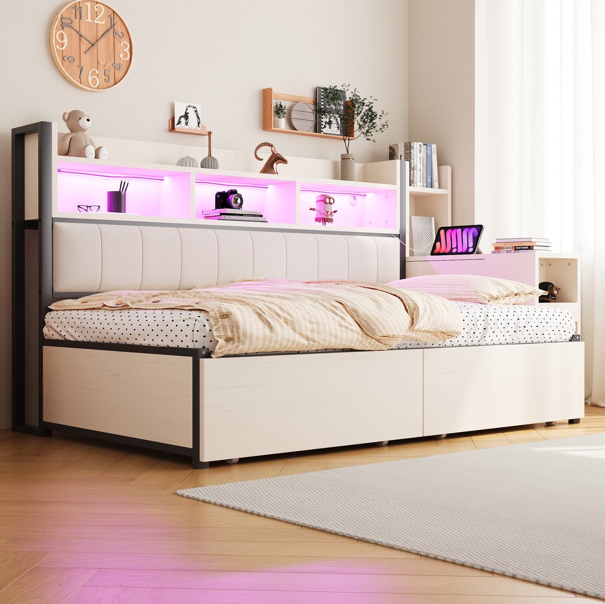 COVREO Multifunctioneel bed met opbergruimte en bureaublad – Eenpersoonsbed met lades en vakken – Bed voor slaapkamer en werken – 241x114,2x113 cm – Wit - zonder matras