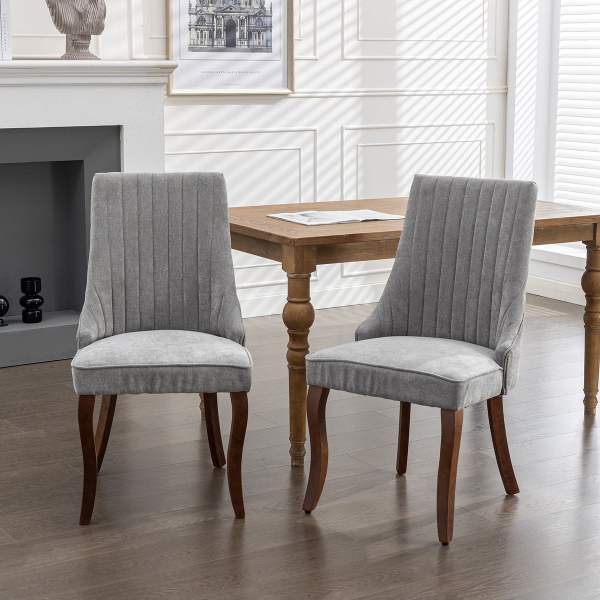 MEUNIQ eetkamerstoelen set van 2 grijs met hoge rugleuning, gestoffeerde zitting en houten poten voor eetkamer of keuken Grey