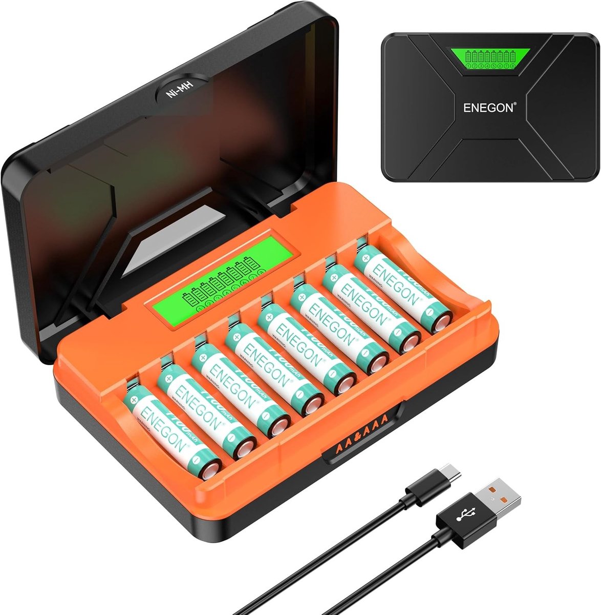 Universele batterijoplader met 8 slots voor AA/AAA, inclusief 8 oplaadbare AAA 1.2V Ni-MH batterijen met LCD-display, snelladen en USB Type-C aansluiting
