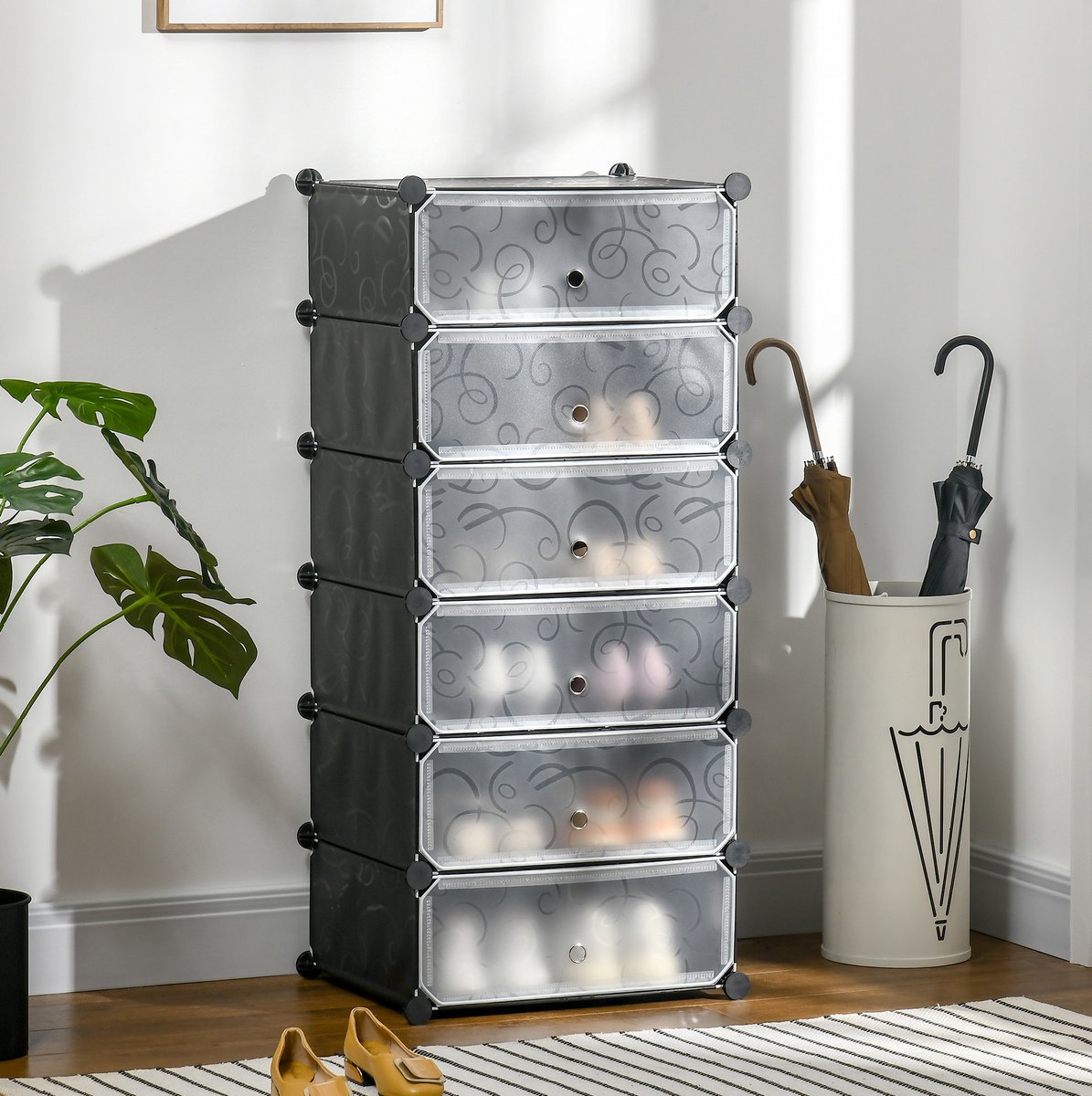 Schoenenrek Modulair 49 x 36,5 x 108 cm Kunststof Staal Zwart Met Deuren Voor 6 Paar Schoenen En Dagelijkse Opbergruimte