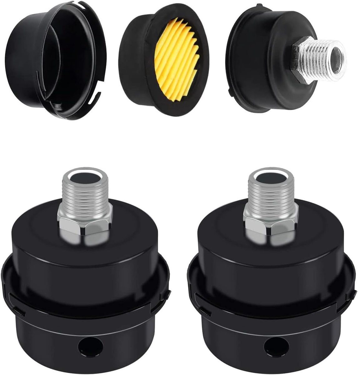 Set van 2 Geluidsdempers voor Compressoren, 3/8 Inch, 16 mm Draad, Metaal, Luchtfilter voor Stille Werking en Efficiënte Luchtcompressie