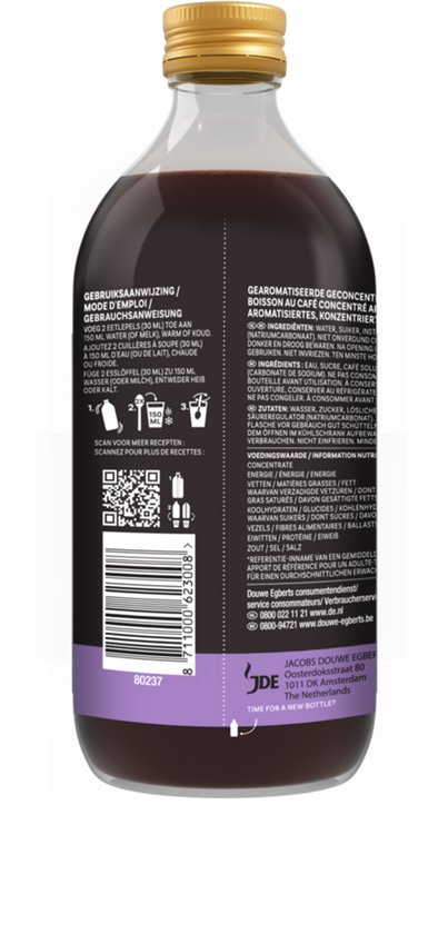Achterkant fles Douwe Egberts espresso concentrate, zoete chocolade smaak, met barcode en gebruiksaanwijzing.