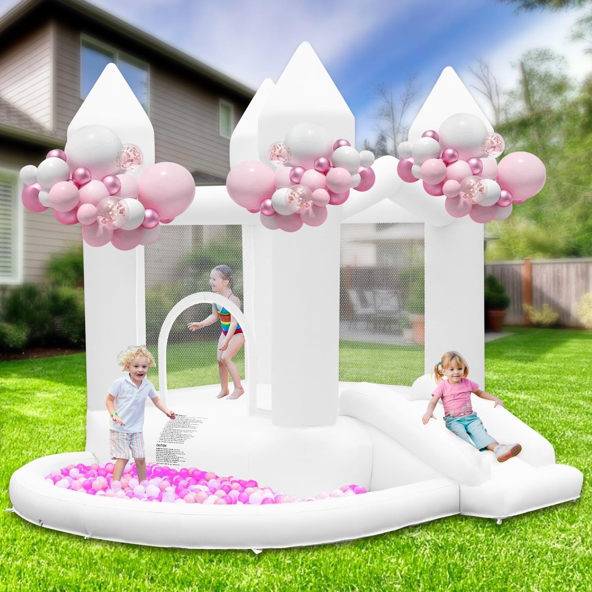 SnelShoppen - Opblaasbaar Kasteel met Luchtpomp en Glijbaan - Groot Kinderkasteel met Ballenbad voor Feest, Bruiloft, Tuin, Verjaardag - Geschikt voor