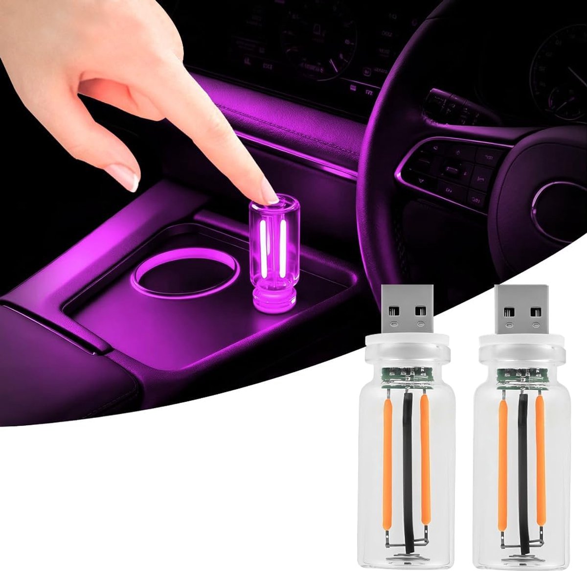 2 stuks retro autolampen, plug-in USB auto-interieurverlichting, USB-led-auto-interieurlamp, USB-led-sfeerlamp voor auto, slaapkamer, hal (Paars)