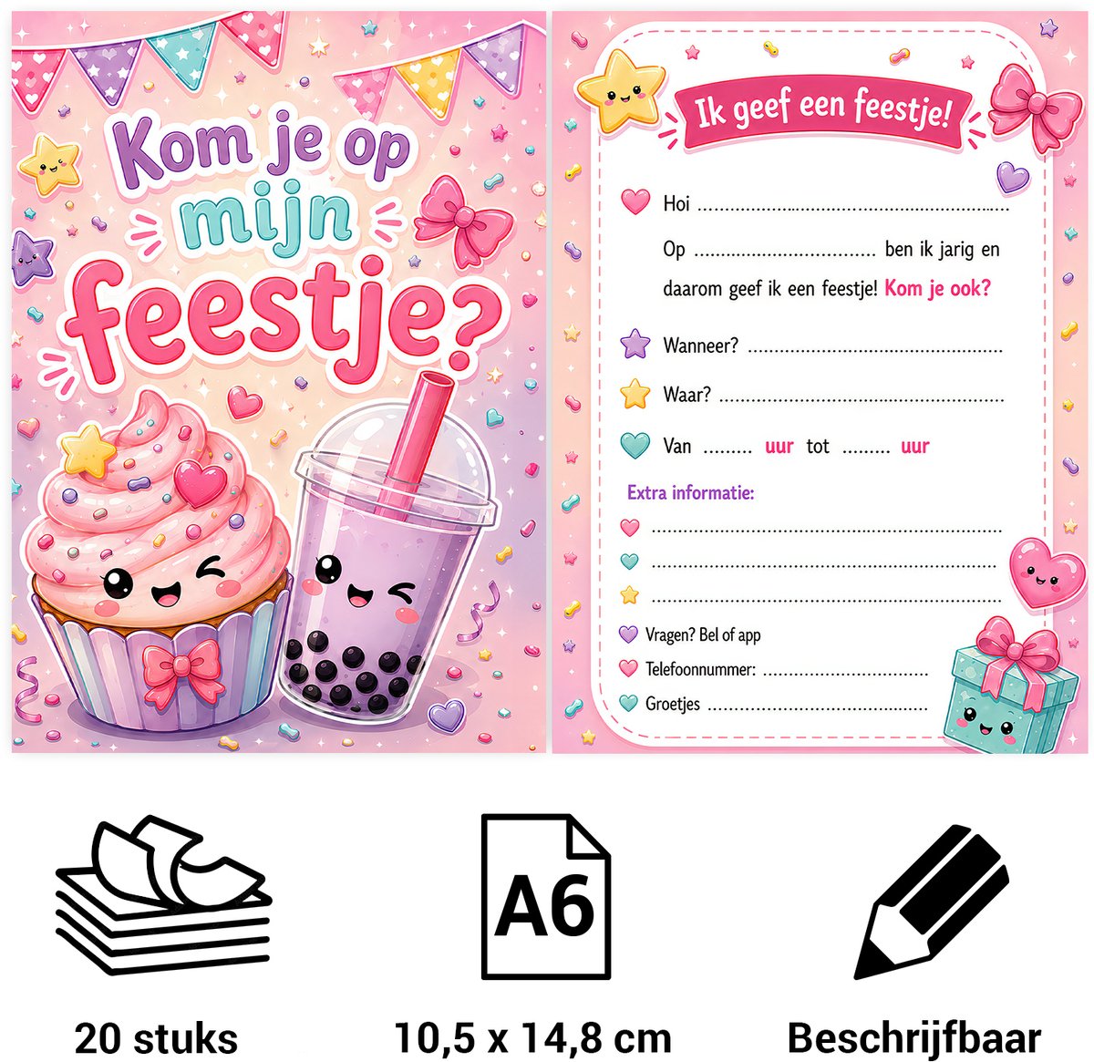 Uitnodiging kinderfeestje - voordeelset 20 stuks - Thema Bubble Tea Party - Beschrijfbaar - Uitnodigingskaarten - Uitnodiging verjaardag - Uitnodiging verjaardagsfeest - Uitnodiging kinderfeestje jongen of meisje - Uitnodiging feestje – Uitnodigingen