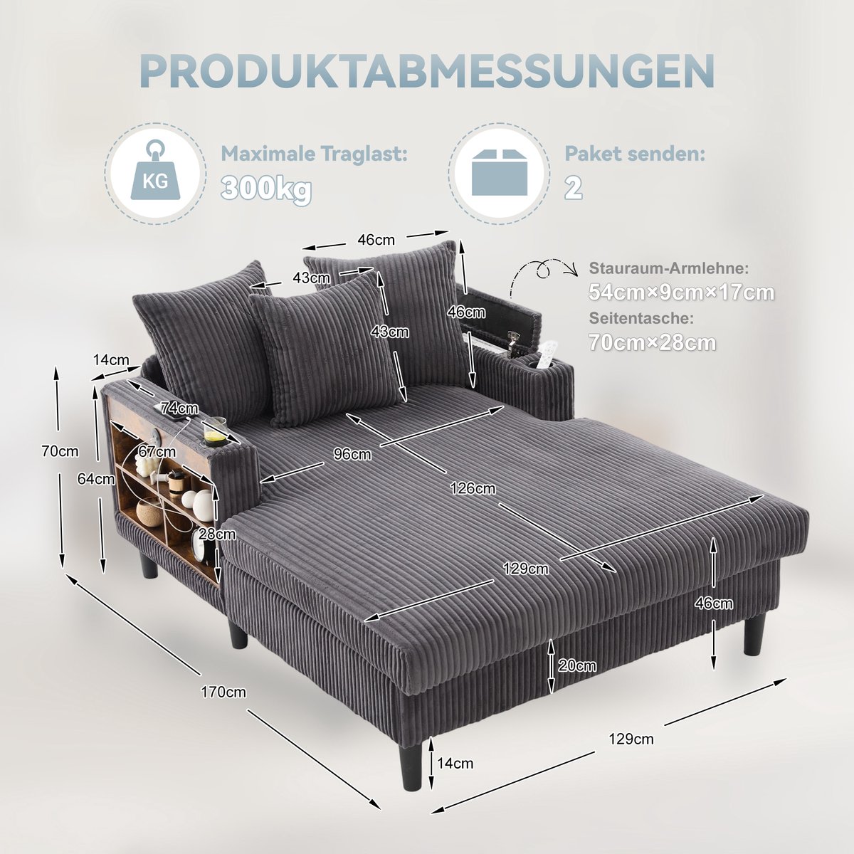 Lounge Chair Met Chaise Longue - Corduroy Relaxfauteuil Met LED USB Bekerhouder En Opbergruimte