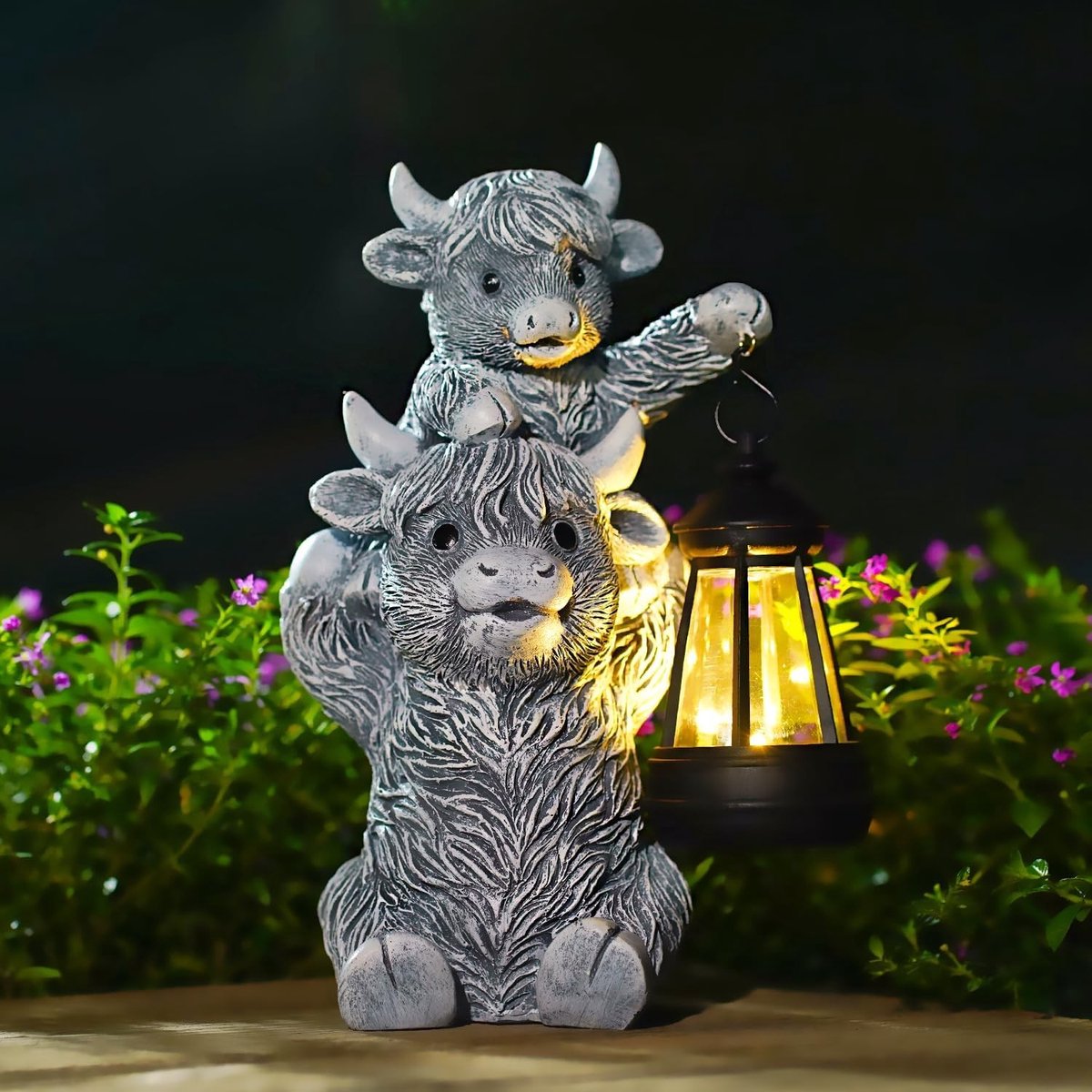 Hoogland Rund Sculptuur Zonne-energie Tuinverlichting Buiten Decoratie Grappige Hoogland Koe Moeder en Kalf Tuinfiguur Geschenken voor Tuinliefhebbers en Koeienliefhebbers