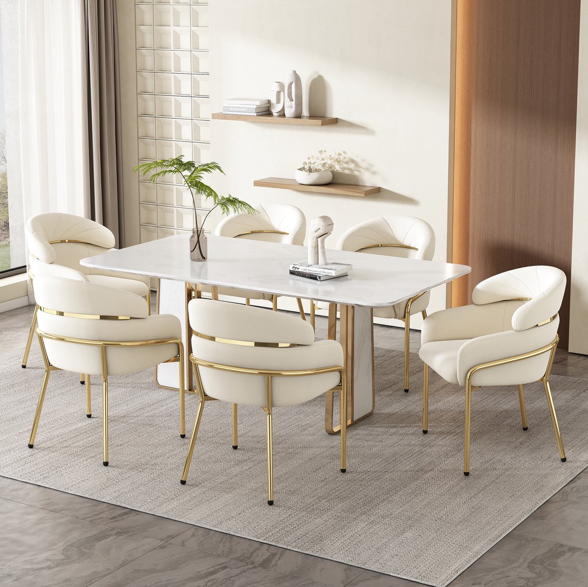 MEUNIQ eetkamerstoel set van 6 beige velvet met armleuningen en metalen poten, moderne kuipstoel voor eetkamer, woonkamer of slaapkamer