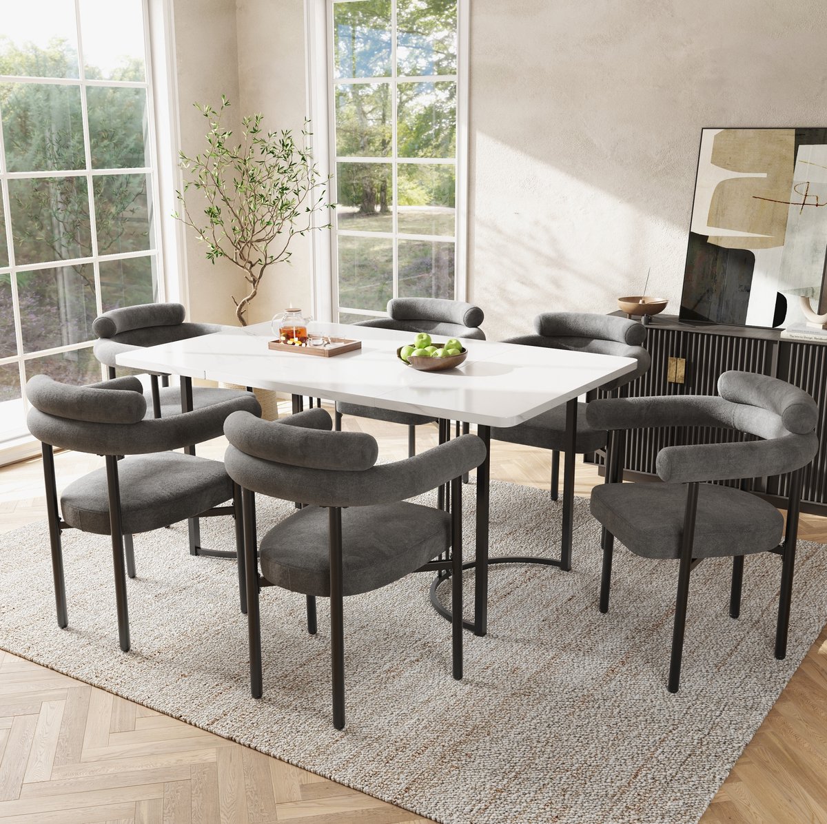 MEUNIQ Eetkamerstoelen set van 6 met armleuningen, gestoffeerde zitting en metalen onderstel, 70 x 62 x 85 cm, voor eetkamer, woonkamer of werkkamer, donkergrijs