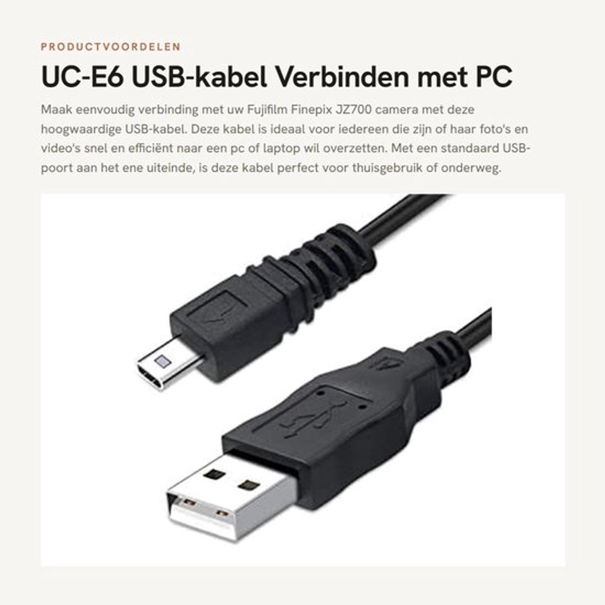 UC-E6 USB-kabel - Verbinden met PC - Foto's overzetten - Geschikt voor Fuji FinePix JZ700 - Handige overdracht - Compact ontwerp