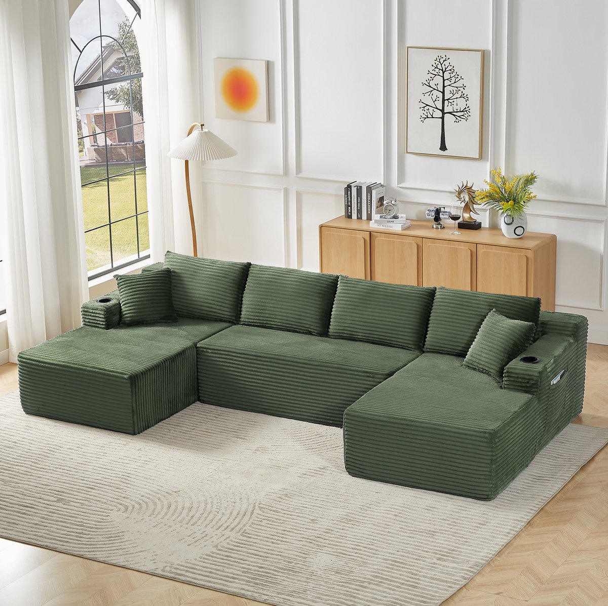 OKWISH U-Bank 6-Zits - Modulair Zonder Montage Met Diepe Zit En Ergonomisch Comfort - Voor Woonkamer En Lounge - Cordstof - Groen