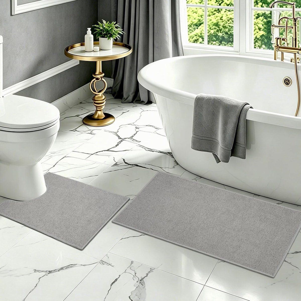 SnelShoppen - Badkamermatset 2-delig, Dun, Absorberend, Antislip, Wasbaar, Badmat en U-vorm WC-mat met Rubber voor Badkamer, Toilet en Badkuip - Donke